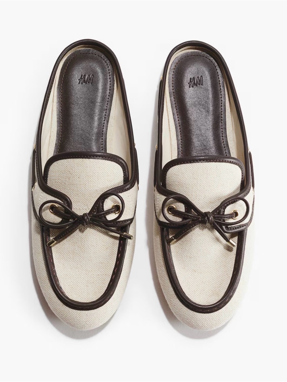H&M Cream Canvas Loafers with Dark Brown Trim and Bow size 8 NEW 8